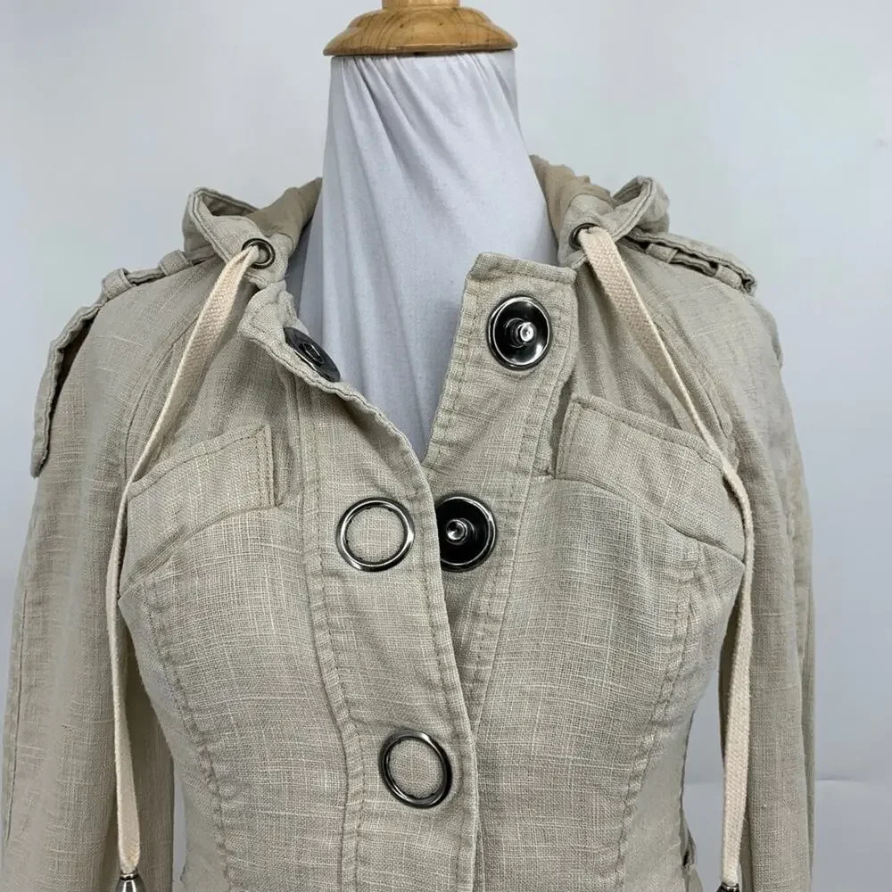 Free People Jacket Womens 0 Beige Ramie Metal Snap Pockets Military Trench Boho